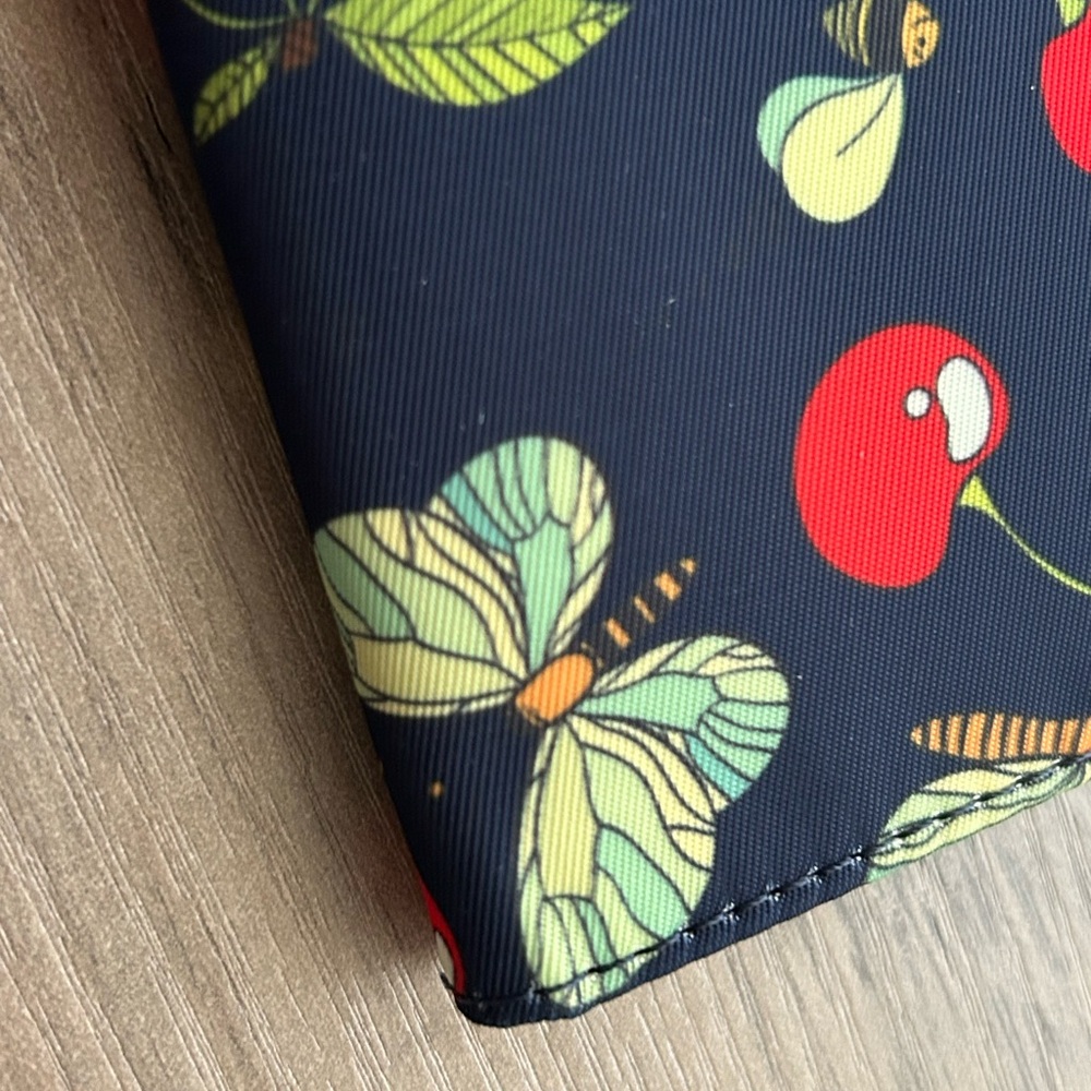 RFID Cherry Print Long Wallet Navy Floral Butterfly Card Holder - Picture 6 of 8